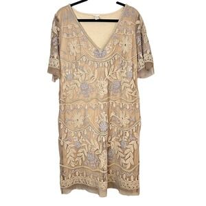 Sundance Duchess Dress Women Mesh Embroidered V-Neck XL Tan Floral Boho Wedding